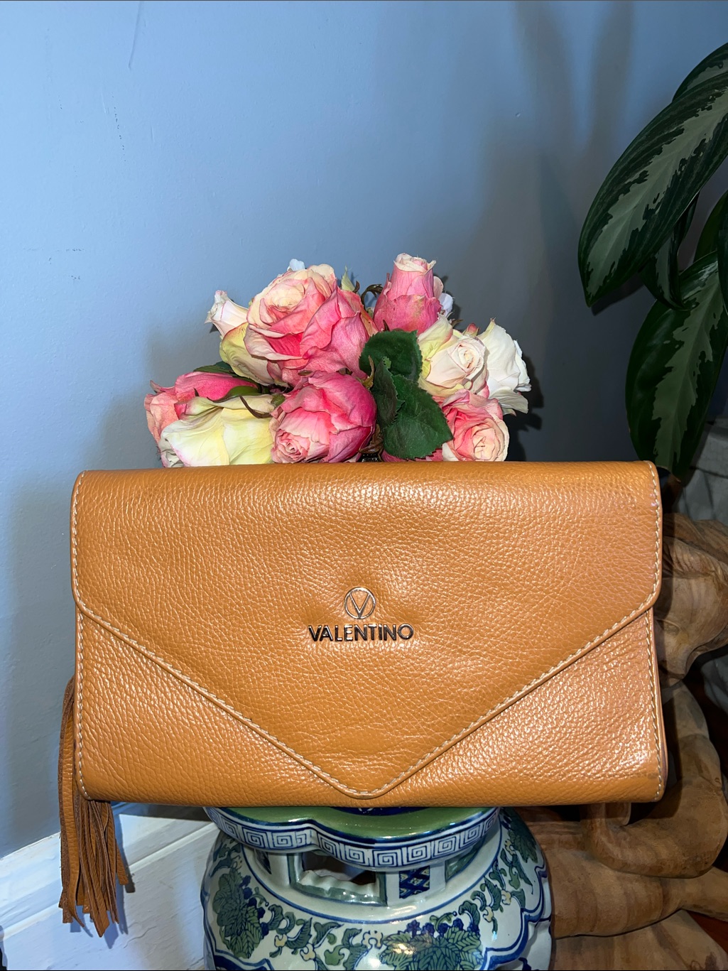 Valentino Caramel Leather Envelope Clutch With Tassel Accent